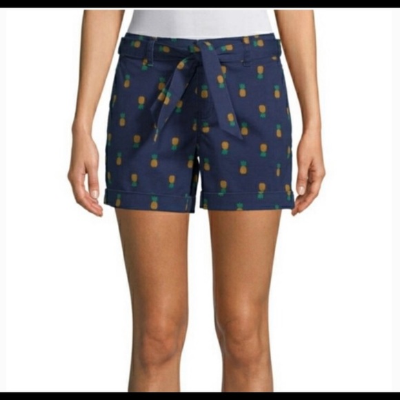 St. John's Bay Pants - St John’s Bay tropical pineapple print shorts in dark blue with tie-waist
